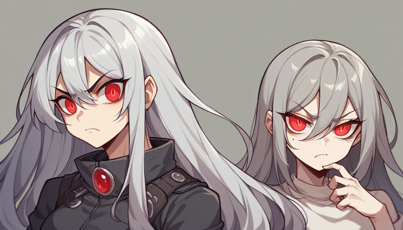  Characters、Upper Body、gray hair color、Glowing red eyes、Long Hair、There is a mole under the left eye。Frowning、An angry expression with sharp eyes。On a transparent background、Depict people only。