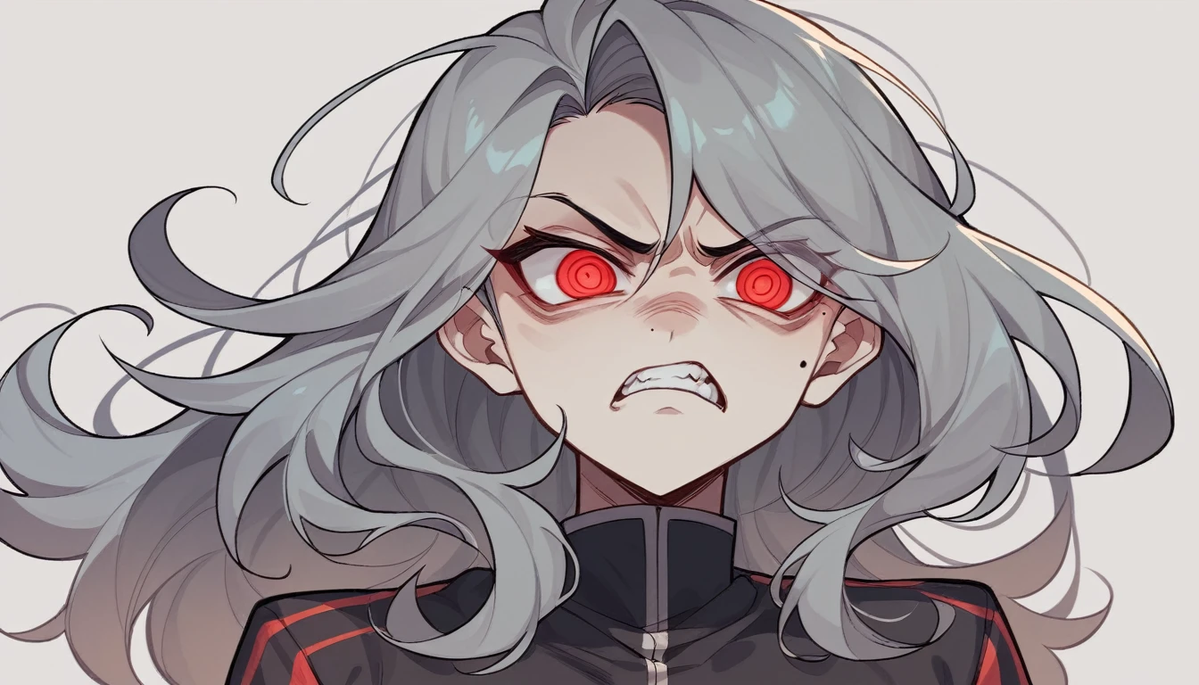 Teen Girl Characters、Upper Body、gray hair color、Glowing red eyes、Long Hair、There is a mole under the left eye。Frowning、An angry expression with sharp eyes。On a transparent background、Depict people only。