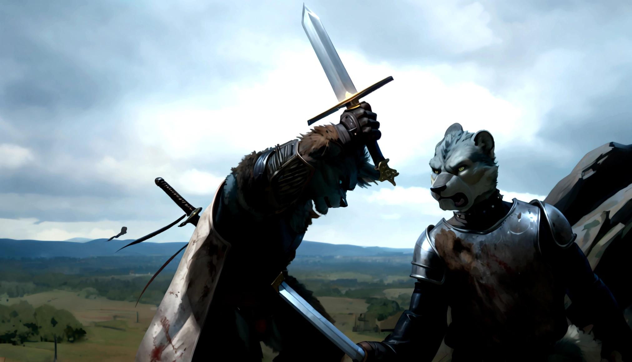 Couple of Sexy young anthro furry wolfes male mercenary warriors, slim endomorph muscular, handsome gay model male apperance, they are fighting with swords in forest ancient battle, sword duel, angry anger look, rage, sword scars, worn out leather skimpy armament, low on hips heavy leather belt, old very worn out skimpy dirty linen material jockstrap, old yellow dirty worn out stains on white sawn jockstrap, very visible "x" brown seam pattern on the jockstrap, studded skimpy armlets breastplate armor, skimpy breastplate, leather bondages, fingerless leather gloves, smelly unwashed furr, dirty body look, both of them hold blooded sword in hand, proffesional anathomy, correct anathomy, five fingers, correct muscules building, proffesional perspective, professional composition, proffesional cinematic sword fight scene, correct sword hold in hand,