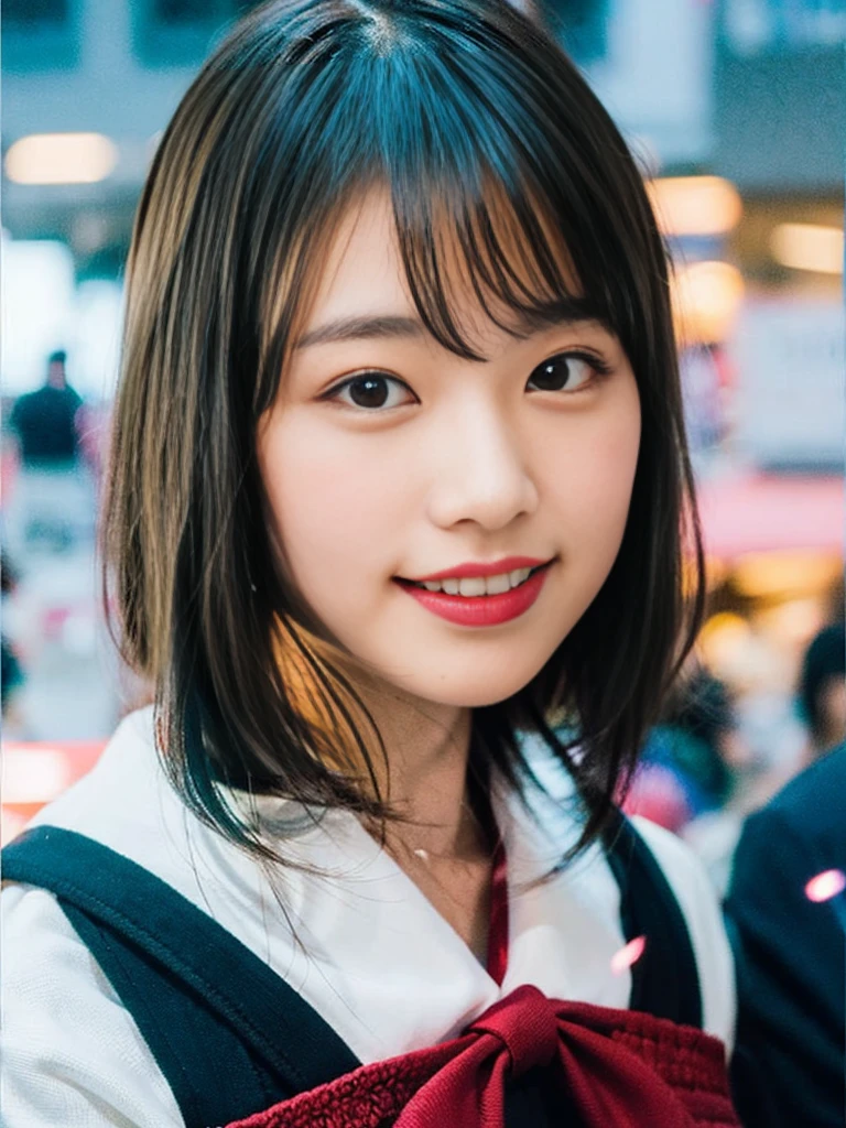 (8K、Raw photography、top-quality、masterpiece:1.2)、(realisitic、Photorealsitic:1.37)、ultra-detailliert、超A high resolution、女の子1人、see the beholder、beautifull detailed face、A smile、Constriction、(Slim waist) :1.3)、Beautiful detailed skin、Skin Texture、Floating hair、Professional Lighting、Whole human body、Longhaire、a blond、japanese hight 、hi-school girl、School route、Winters、snowscape、Snow is piled up、snowflakes falling、red ribbon hair、Happy smile、Childish smile、Suppin、Red sailor suit