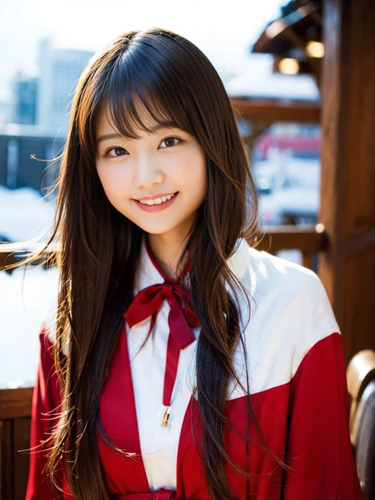 (8K、Raw photography、top-quality、​masterpiece:1.2)、(realisitic、Photorealsitic:1.37)、ultra-detailliert、超A high resolution、女の子1人、see the beholder、beautifull detailed face、A smile、Constriction、(Slim waist) :1.3)、Beautiful detailed skin、Skin Texture、Floating hair、Professional Lighting、Whole human body、Longhaire、a blond、japanese hight 、hi-school girl、School route、Winters、snowscape、Snow is piled up、snowflakes falling、red ribbon hair、Happy smile、Childish smile、Suppin、Red sailor suit