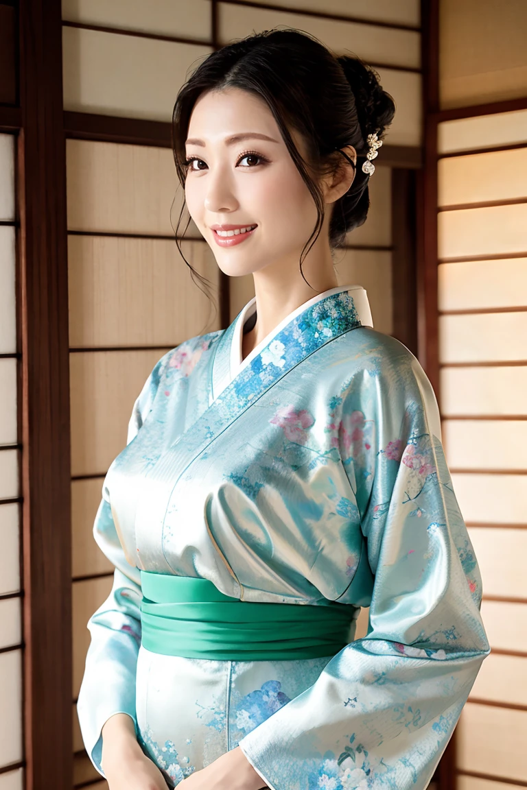 (Highest quality、Tabletop、8K、Best image quality、Award-winning works)、(One beautiful mature woman:1.1)、Mature Face、(Innkeeper:1.1)、(Elegant floral kimono:1.2)、(A kimono with a perfect and precise collar:1.2)、Perfect mature woman portrait photo、Glowing Skin、Standing Elegantly、(Blurred elegant and exquisite perfect Japanese style room background:1.3)、(The most natural and perfect tidy Japanese style room background:1.2)、Glowing White Skin、Very white skin、(Accentuate your body lines:1.1)、(The most graceful posture:1.2)、(Large Breasts:1.2)、The perfect smile、Perfect beautiful glossy lips、(Accurate anatomy:1.1)、(A perfect and elegant long sleeve kimono:1.1)、(Standing with good posture:1.1)、(Close-up of face:1.1)、Slightly pregnant