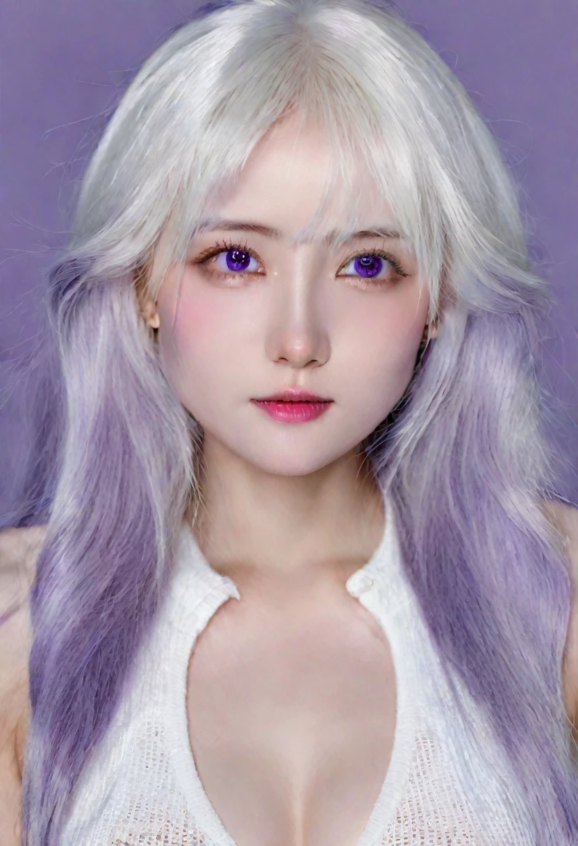 (hyperrealistic), (illustration), (high resolution), (8K), (extremely detailed), (best illustration), (beautiful detailed eyes), (best quality), (ultra-detailed), (masterpiece), (wallpaper), (photorealistic), (natural light), (detailed face), (high detailed realistic skin texture), (anatomically correct), (solo), (1 girl:1.52), (high detailed realistic hair), (white hair:1.7), (heterochromic eyes), (detailed eyes), (purple eyes:1.37), (sparkling eyes), (realistic huge breasts:1.53), (slender abs), (dynamic pose), (closed tiny mouth:1.3), (concentrated expression), (upon body from head to thigh:1.51), (dimple:1.34)
