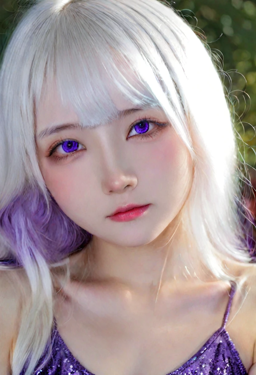 (hyperrealistic), (illustration), (high resolution), (8K), (extremely detailed), (best illustration), (beautiful detailed eyes), (best quality), (ultra-detailed), (masterpiece), (wallpaper), (photorealistic), (natural light), (detailed face), (high detailed realistic skin texture), (anatomically correct), (solo), (1 girl:1.52), (high detailed realistic hair), (white hair:1.7), (heterochromic eyes), (detailed eyes), (purple eyes:1.37), (sparkling eyes), (realistic huge breasts:1.53), (slender abs), (dynamic pose), (closed tiny mouth:1.3), (concentrated expression), (upon body from head to thigh:1.51), (dimple:1.34)
