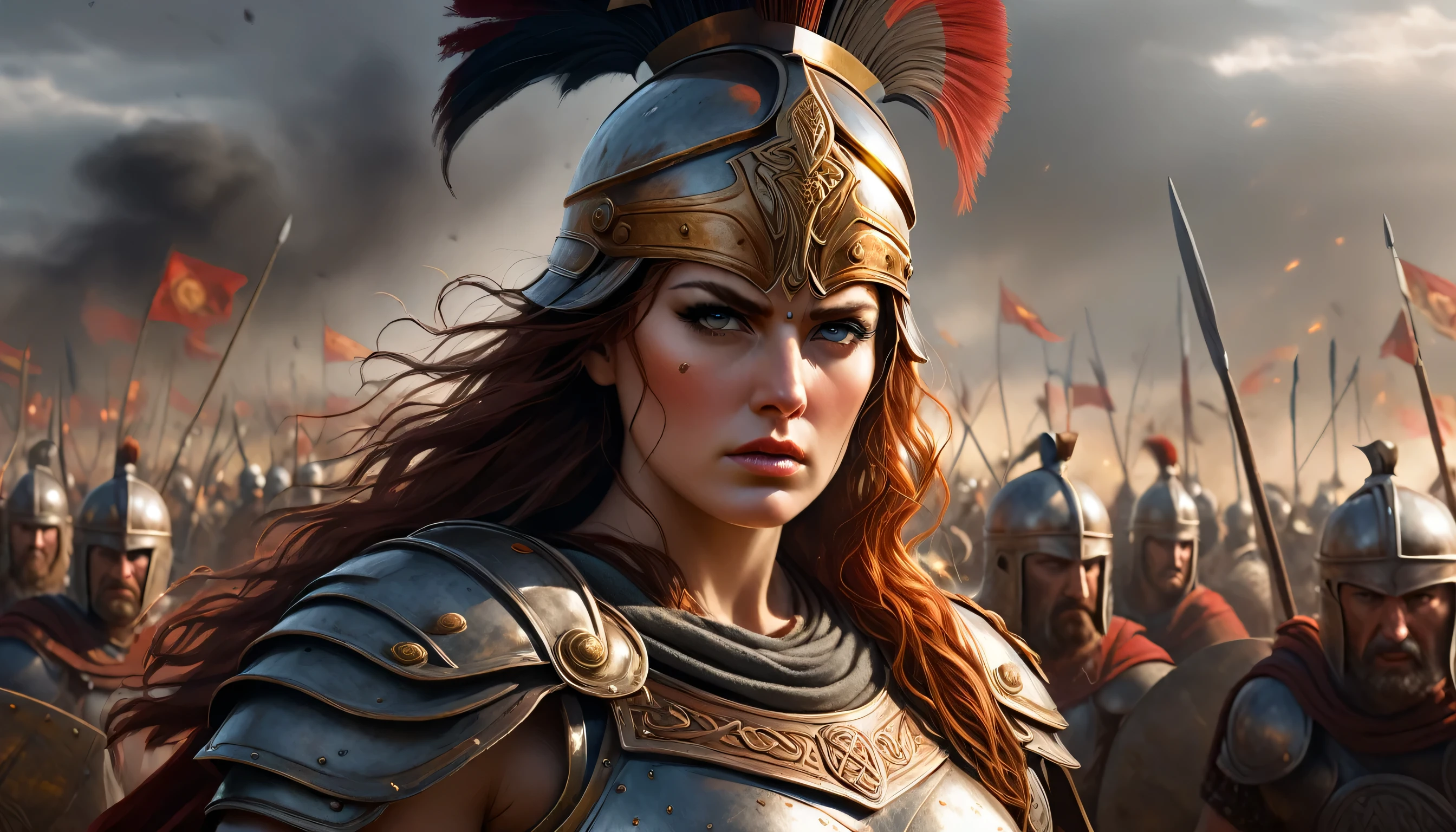 Create a hyperrealistic, high-definition, ultra-detailed image of a menacing Roman general with a stern expression, standing in front of a battlefield. In the background, show Boudica, the Celtic warrior queen, in full battle attire, leading her warriors. Use dramatic lighting and shadows to create a visually striking and intense scene that captures the essence of the historical conflict.