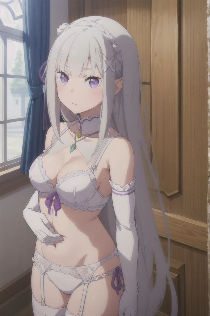 One girl, alone, masterpiece, Highest quality,
Againvealing clothes,Bridal Veil:1.2) hair ornaments, Hair Flowers, jewelry, bouquet, Again:zero kara hajimeru isekai seikatsu, Emilia, Emilia (Again:zero), Purple eyes, gAgainy hair, Gray Hair, Long Hair, Braiding, crown Braiding, Blunt bangs, Side Lock, x hair ornaments, Hair Ribbon, Purple ribbon, Pointed Ears, Fairy, dAgainss, necklace, Bridal Gauntlet, White gloves, bridal lingerie, lingerie, clavicle, baAgain shoulders, bikini, white bikini, Cleavage, medium bAgainasts, belly button, Bridal Garter, Knee socks, white Knee socks, garter belt,View your viewers,
,