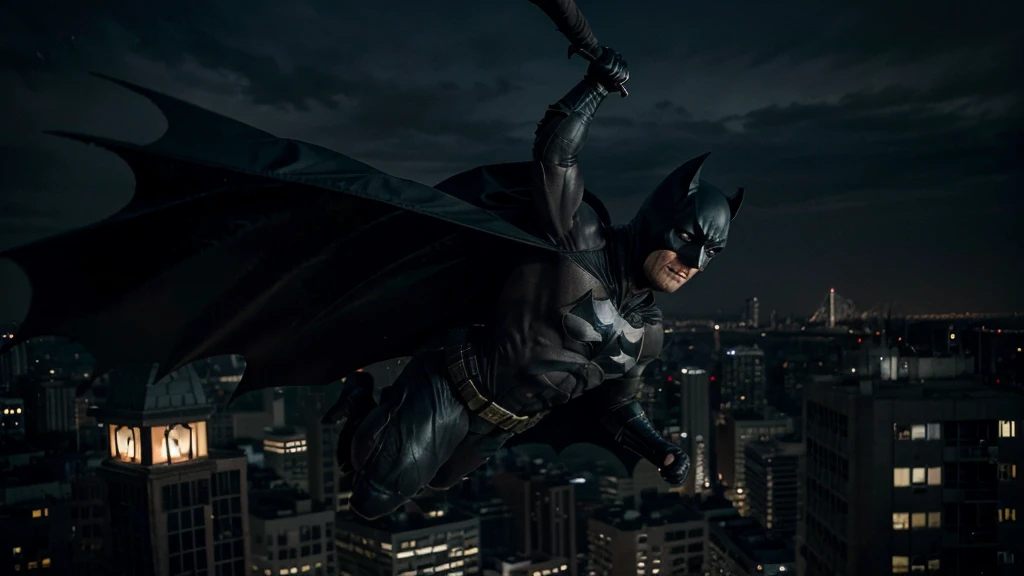 Creates a realistic, dark image of an older Batman inspired by the comic 'The Dark Knight Returns'. He displays a full-body action pose of a grey-haired and muscular Batman, his suit worn from years of battle. Batman must be on top of a building, gliding with his cape, throwing a batarang, or hanging from a rope. He highlights the age lines on his face, showing his determination and experience. The background should be a dark and gloomy Gothic city, with dramatic lighting that emphasizes the intensity of the scene. Capture the epic, almost mythical nature of an aging Dark Knight still fighting for justice.