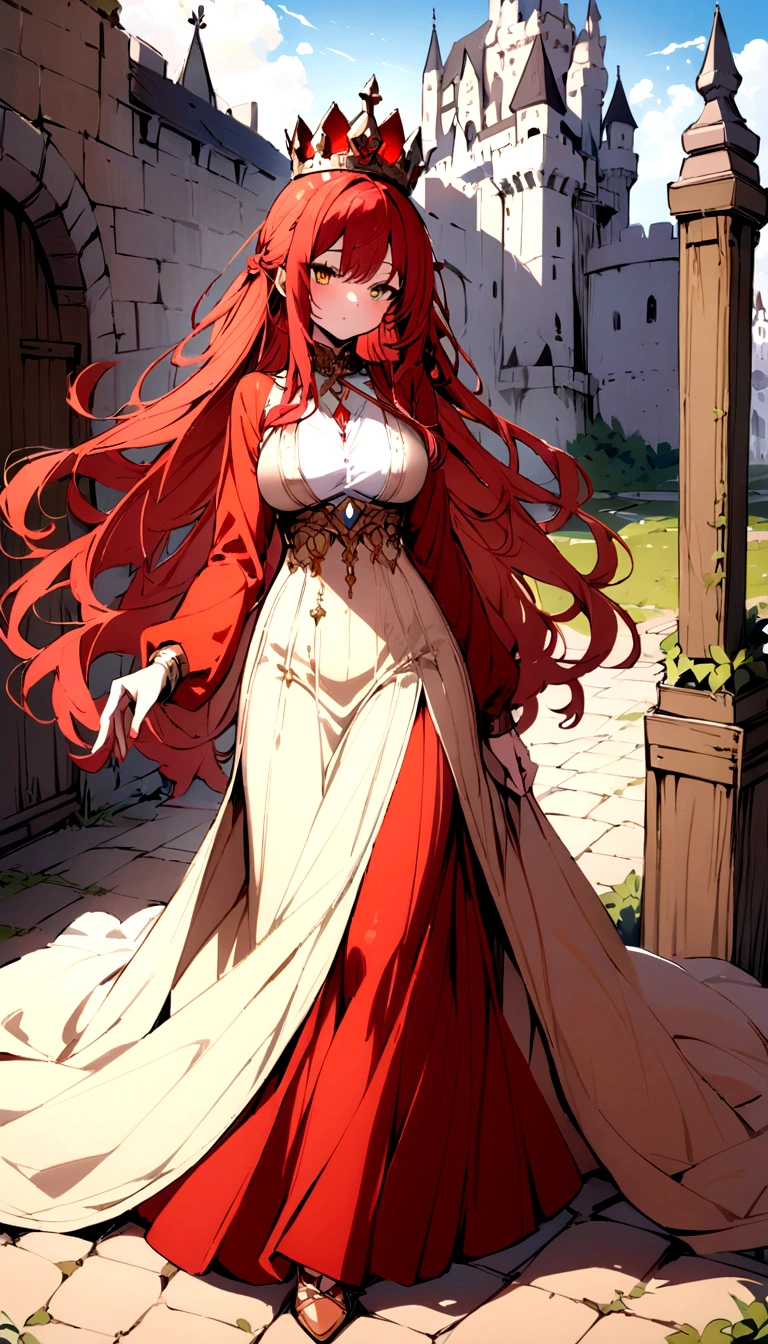 ((best quality)), ((masterpiece)), (detailed), perfect face, queen, castle, red hair,
long hair, long dress, tall, medium breast