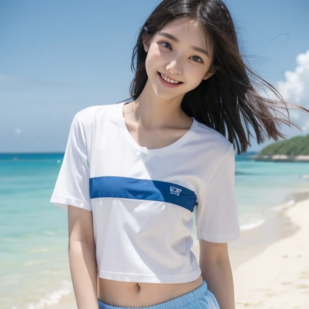 Japanese、18-year-old、Very slim、((Smiling))、Summer clothing、Blue sky、White cloud、blue sea、White sand beach、T-Shirts、Shorts、((Dark skin))、Sea bathers