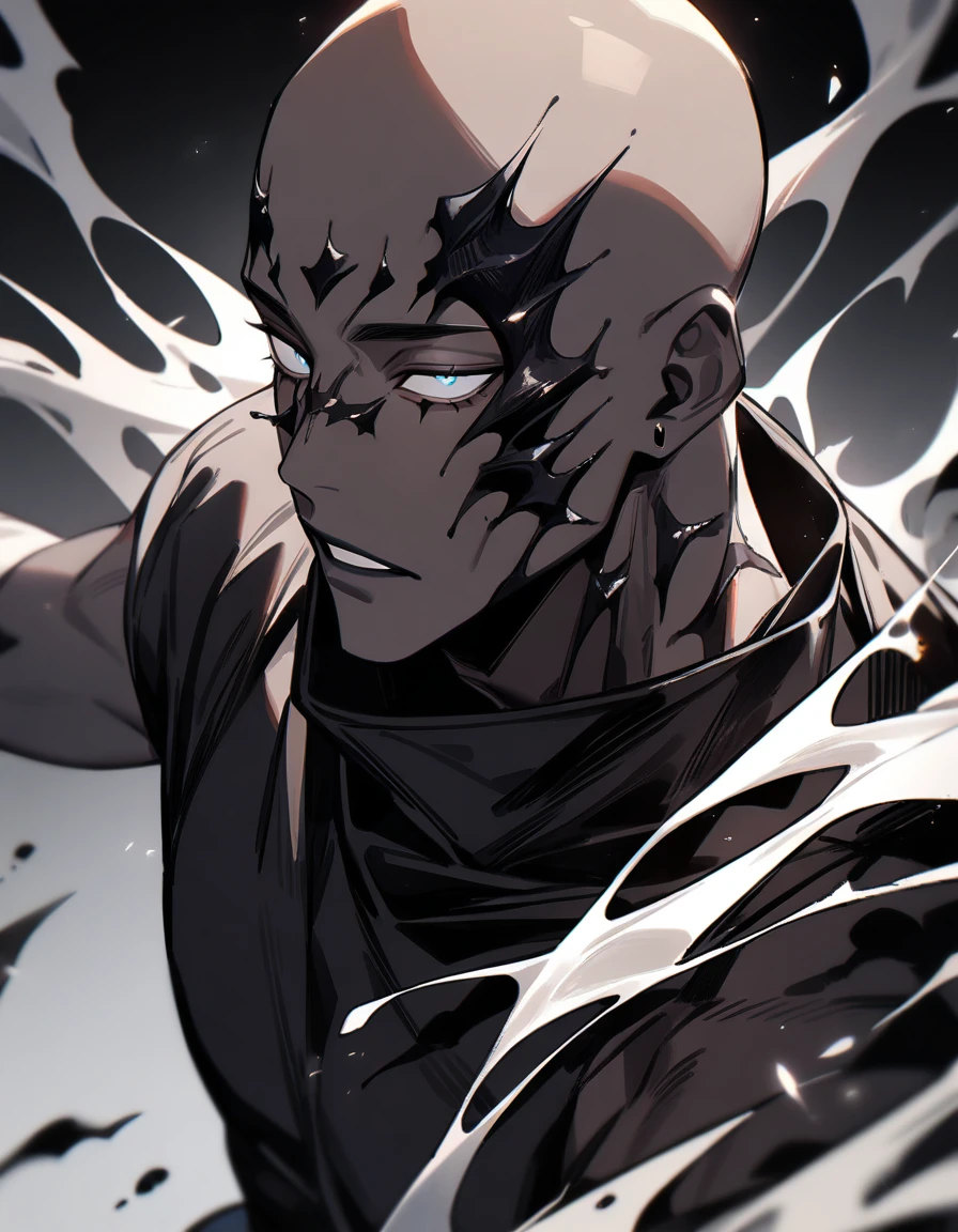 (1boy,jujutsu kaisen) solo, ((void skin color), bald, white bright eyes, masterpiece, best quality, high quality, upper body, male focus,