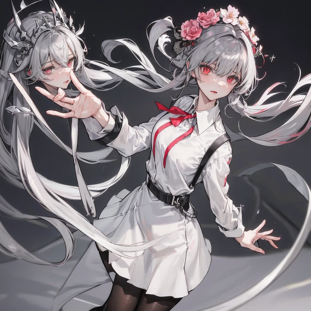 tmasterpiece、1 female student、gray silver cloth、Shoulder leakage、The chest is medium、confidence、elegant, smart, cold face、Black suspender tights、lace leggings、pale pink lip、posing at school,(drenched all over the body),legs are open, solo, White polo shirt, looking at viewert, (Thigh thick:1.0)red and gray heterochromia eyes, red eyes, red right eye, gray left eye, face flushed,Blunt hair,both hands on hip,greet,Flower headdress,Nurse's uniform, gray metallic hair, smooth long hair, straight hair with bangs, gray hairstyle, gray hair