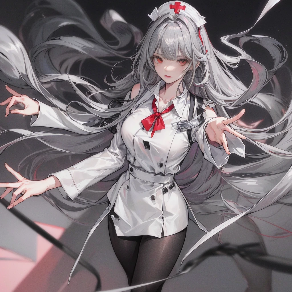 tmasterpiece、1 female student、gray silver cloth、Shoulder leakage、The chest is medium、confidence、elegant, smart, cold face、Black suspender tights、lace leggings、pale pink lip、posing at school，（drenched all over the body），legs are open， solo, White polo shirt, looking at viewert,  (Thigh thick:1.0)red and gray heterochromia eyes, red eyes, red right eye, gray left eye, face flushed,Blunt hair,both hands on hip，greet，Flower headdress，Nurse's uniform, gray metallic hair, smooth long hair, straight hair with bangs, gray hairstyle, gray hair