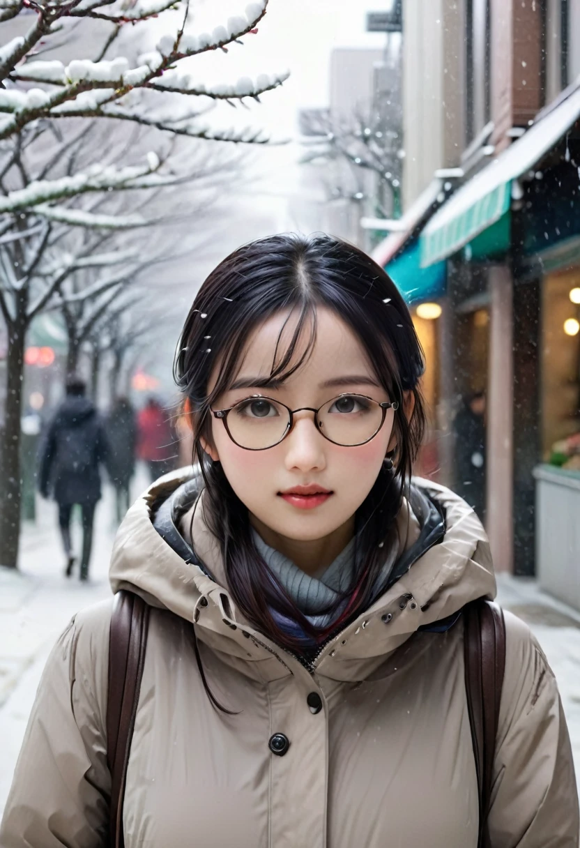 1girl, wearing glasses, long hair, black hair, beautiful, beautiful woman, sexy & plump body, perfect body, medium breast, perfect breasts, wearing a hijab, wearing a winter jacket, wearing a duffle coat, carrying a bag, wearing a watch, in public, creatures in tokyo city, being on the street, snow on the street, it's snowing, looking at the viewer, a slight smile, realism, masterpiece, textured skin, super detail, high detail, high quality, best quality, 1080p, 16k