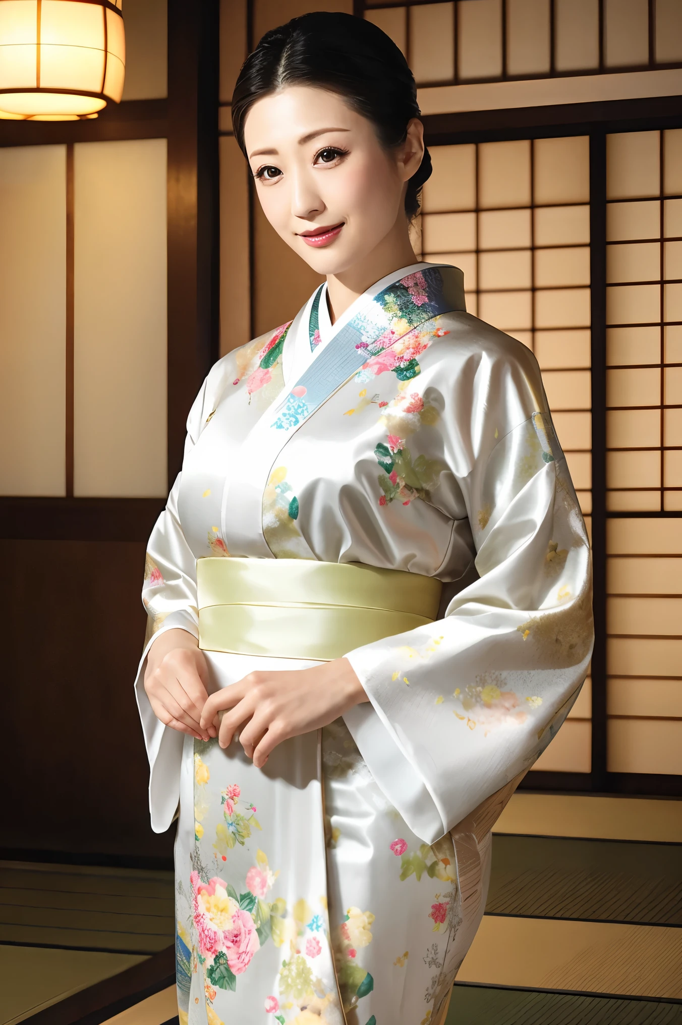 (Highest quality、Tabletop、8K、Best image quality、Award-winning works)、(One beautiful mature woman:1.1)、(Innkeeper:1.1)、(Elegant floral kimono:1.2)、(A kimono with a perfect and precise collar:1.2)、Perfect mature woman portrait photo、Glowing Skin、Standing Elegantly、(Blurred elegant and exquisite perfect Japanese style room background:1.3)、(The most natural and perfect tidy Japanese style room background:1.2)、Glowing White Skin、Very white skin、(Accentuate your body lines:1.1)、(The most graceful posture:1.2)(Large Breasts:1.2)