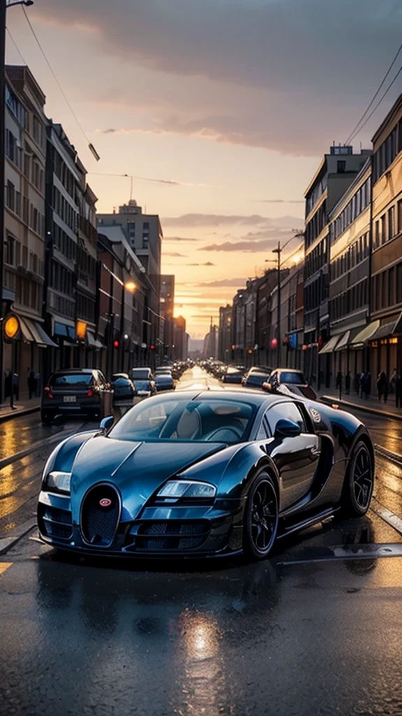 realistic detailed bugatti veyron,parked on city street,sunset city skyline,beautiful detailed architecture,dramatic lighting,photorealistic,cinematic,highly detailed,8k,HDR,ray tracing,vibrant colors,dramatic shadows,reflection on wet road