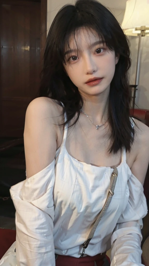 Film portrait photography, 1 girl, bare shoulders,lipstick,(flat chest:1.4), wear necklace,Big breasts,Cute expression,Exquisite makeup,Red suspenders,serene, calm, (Realistic and detailed eyes, natural skin texture, Realistic facial details), Soft dramatic lighting, depth of field, Bokeh, Vibrant details, Detailed and detailed, surreal, 35mm film, hazy, ,