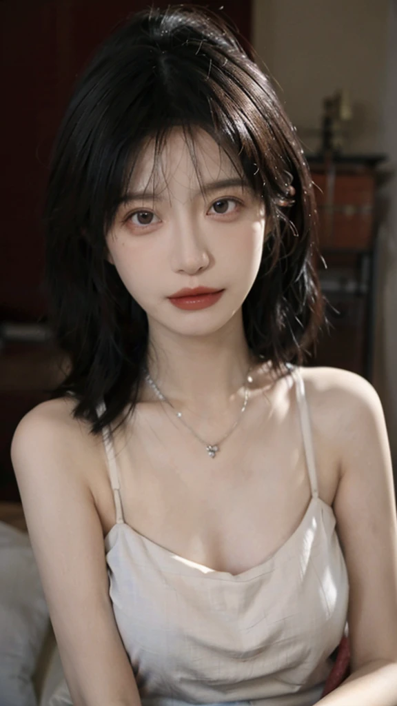 Film portrait photography, 1 girl, bare shoulders,lipstick,(flat chest:1.4), wear necklace,Big breasts,Cute expression,Exquisite makeup,Red suspenders,serene, calm, (Realistic and detailed eyes, natural skin texture, Realistic facial details), Soft dramatic lighting, depth of field, Bokeh, Vibrant details, Detailed and detailed, surreal, 35mm film, hazy, ,