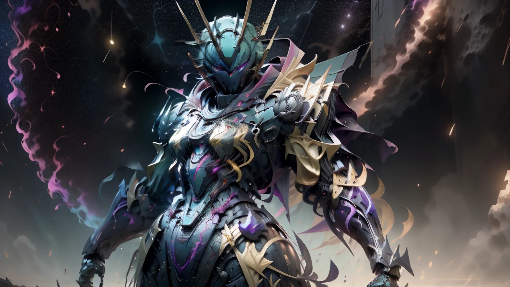 A Dragon Emperor in the Milky Way, Sun Surface on background, Golden Saint Seiya Limb Armor, (Cloak), (Dragon Symbol: 1.5), (Gundam Exia: 1.5), (Starry Sky: 1.8) (Mecha) (Mechanical) (Armor), (Open leg: 1.3), Perfect, (Wide Angle), (Black Background: 1.6), Best Quality, Masterpiece, Super Resolution, (Reality: 1.4), Crazy Detail, Unrealistic Engine Style, Boca Effect, David La Chapelle style lens, bioluminescent palette: light blue, light gold, light pink, bright white, wide angle, ultra-fine, cinematic still life, vibrant, Sakimichan style, perfect eyes, highest image quality 8K, inspired by Harry Winston, Canon EOS R 6 shooting masterpiece "Chaos 50,--, under eye mole, ray tracing, surrealism, textured skin --s2