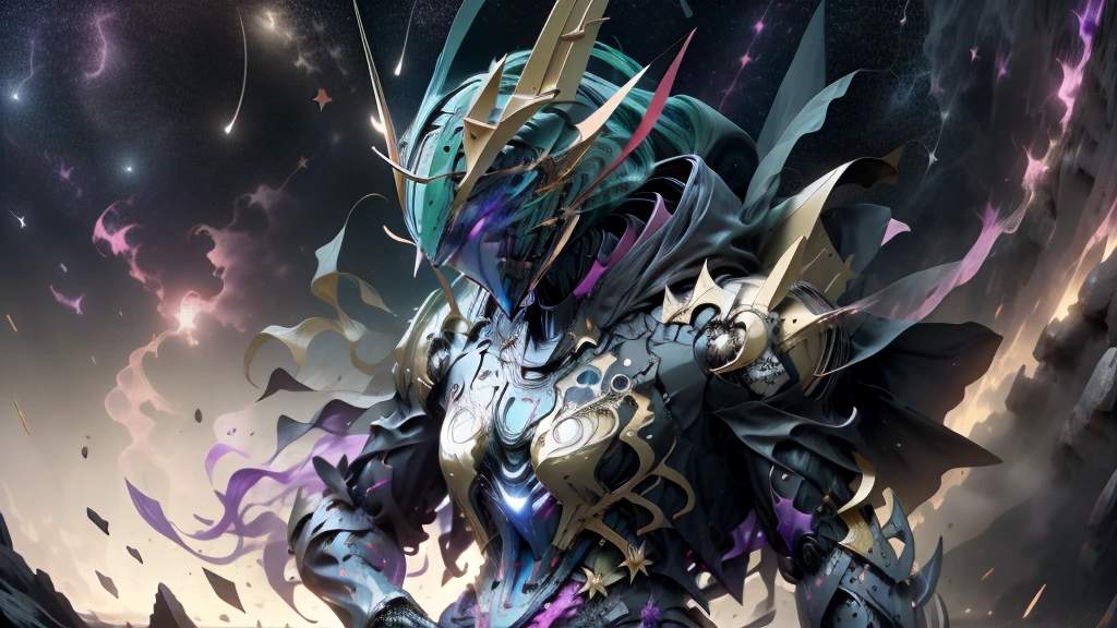 A Dragon Emperor in the Milky Way, Sun Surface on background, Golden Saint Seiya Limb Armor, (Cloak), (Dragon Symbol: 1.5), (Gundam Exia: 1.5), (Starry Sky: 1.8) (Mecha) (Mechanical) (Armor), (Open leg: 1.3), Perfect, (Wide Angle), (Black Background: 1.6), Best Quality, Masterpiece, Super Resolution, (Reality: 1.4), Crazy Detail, Unrealistic Engine Style, Boca Effect, David La Chapelle style lens, bioluminescent palette: light blue, light gold, light pink, bright white, wide angle, ultra-fine, cinematic still life, vibrant, Sakimichan style, perfect eyes, highest image quality 8K, inspired by Harry Winston, Canon EOS R 6 shooting masterpiece "Chaos 50,--, under eye mole, ray tracing, surrealism, textured skin --s2