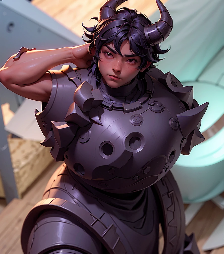 1boy, blacksmith, black hair , with iron armor, two horns in the head