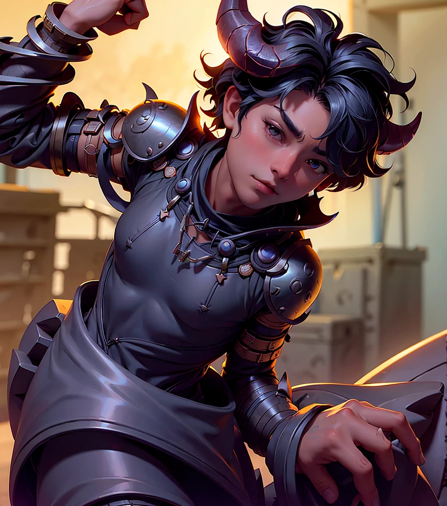 1boy, blacksmith, black hair , with iron armor, two horns in the head