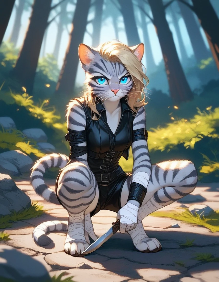Solo, score_9,score_8_up,score_7_up, source_cartoon, cartoon, kat, Anthro furry feline, female, tall slender body, long blonde hair, long undercut hair, pink nose, blue eyes, white whiskers, silver fur, grey stripes, furry body, wearing black cloth vest, black leather medieval vest, black short shorts, adventuring gear, feet wrapped in bandages, plantigrade feet paws, outdoors, nighttime, squatting, eyes glowing blue, on a rock, at night, in a forest, serious expression, a knife stabbed into the ground