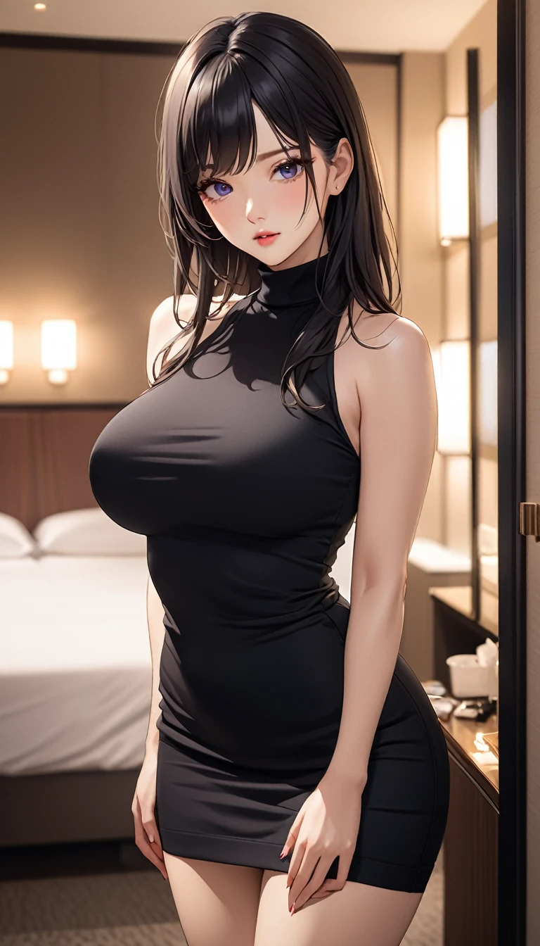 masterpiece, high resolution, beautiful woman, Korean Beauty, 30 years old, black sleeve less sweater, mini pencil skirt, beautiful woman, night hotel, standing and looking at me, (high resolution face), (high resolution eyes), black hair, big tits