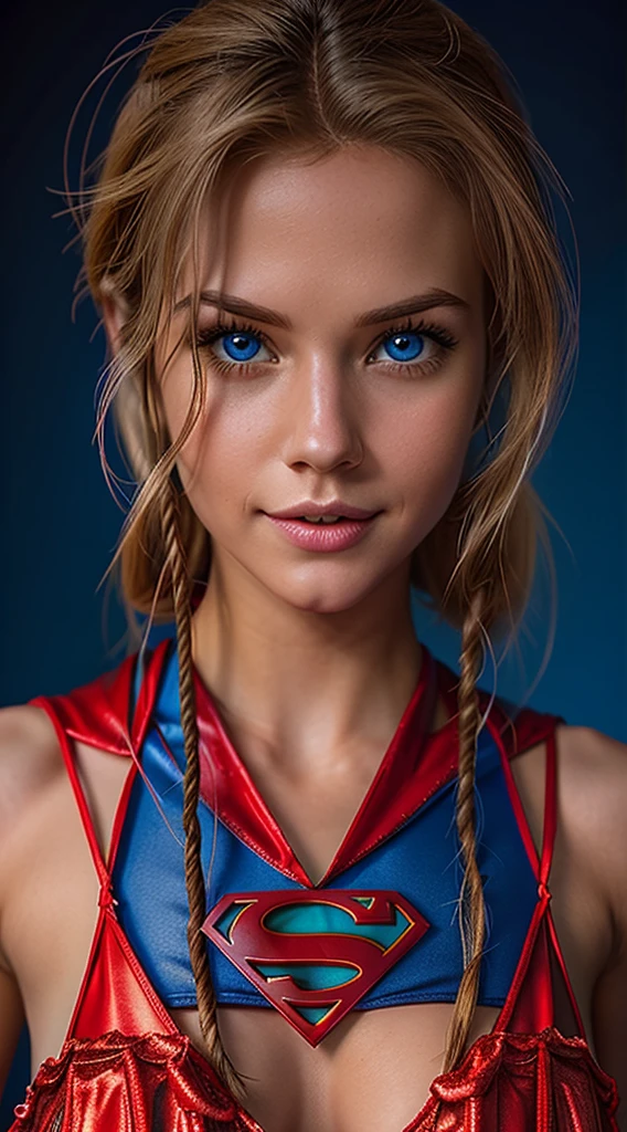 The character Supergirl, perfect blue and red costume with the traditional "S" in the chest, red cape, shiny little blue eyes, extremely beautiful blond hair, beautiful smile , perfect anatomy and extremely beautiful face, hyperrealistic face