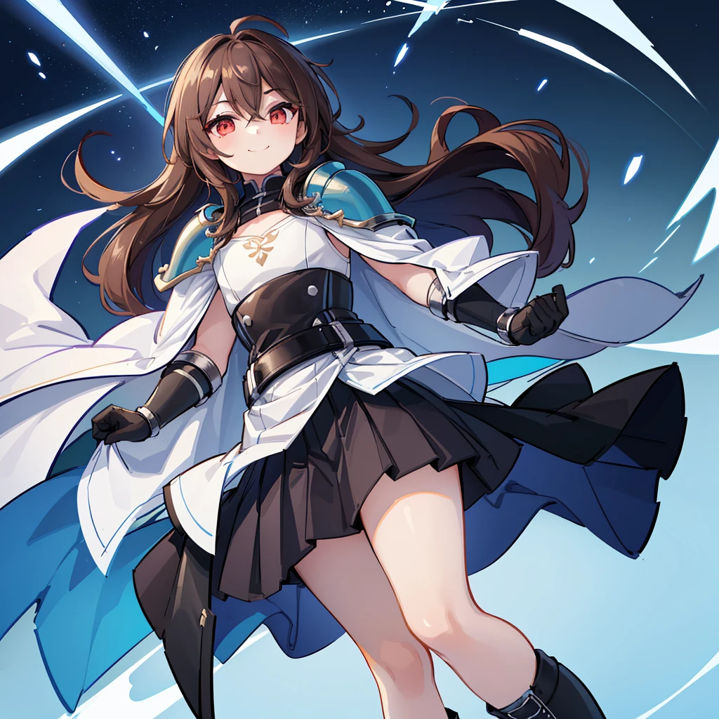 (((1boy))), Femboy, superhero, crossdresser man, teenager, in a school, (white long sleeved cocktail shirt), (long black skirt with a white stripe), with a (((white cape with a blue inner part))), a (((black chest armor plate with a white decal in the middle))), (black gloves) and (black boots), long technological red sword, ((brown skinned)), red eyes, feminine shoulder length dark brown hair, ((wide hips)), ((thick thighs)), flat chest, narrow waist, flying around in a beautiful futuristic floating in the sky city landscape, ((only one character)), (((solo))), ((smiling))