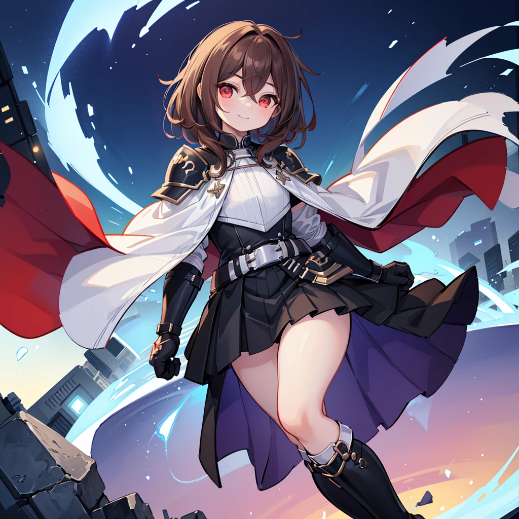 (((1boy))), Femboy, superhero, crossdresser man, ager, in a school, (white long sleeved cocktail shirt), (long black skirt with a white stripe), with a (((white cape with a blue inner part))), a (((black chest armor plate with a white decal in the middle))), (black gloves) and (black boots), long technological red sword, ((brown skinned)), red eyes, feminine shoulder length dark brown hair, ((wide hips)), ((thick thighs)), flat chest, narrow waist, flying around in a beautiful futuristic floating in the sky city landscape, ((only one character)), (((solo))), ((smiling))
