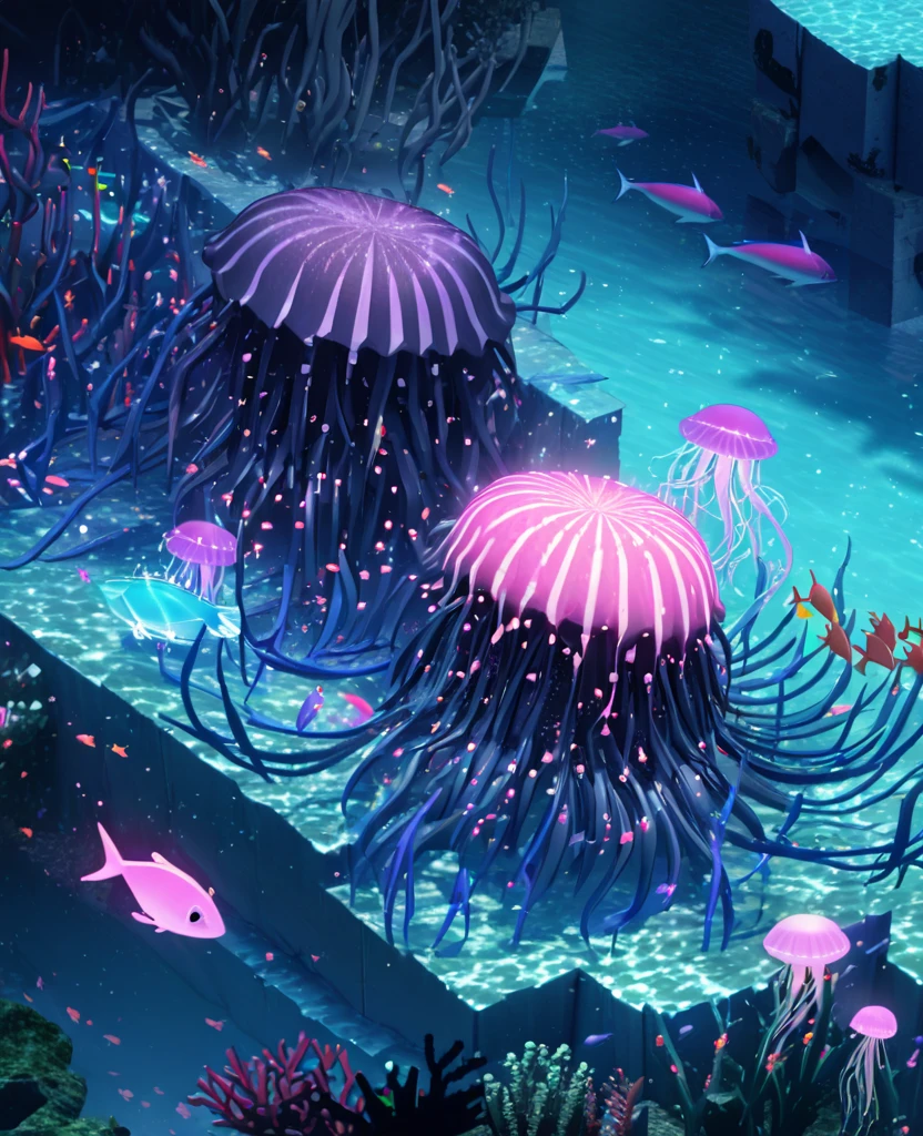 work of art, best qualityer, (very detailed 8k CG unity wallpapers), (best qualityer), (best illustrations), (better shadows), Marine theme with natural elements. Tall mangroves, rich sea plants, bright jellyfish, Surrounded by schools of fish, glowing particle effects,, (sea plants), (Ocean theme), ((luminous algae)), (coral), ((bright jellyfish )), ((Glowing creatures in seawater)), ((Fire of the Sea)), (((particle effect))), isometric 3D Model, octane rendering, ray tracing, super verbose