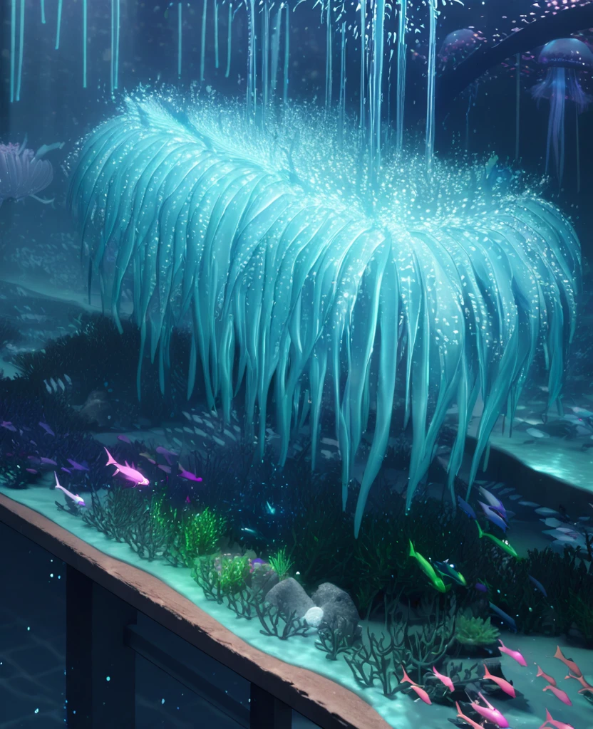work of art, best qualityer, (very detailed 8k CG unity wallpapers), (best qualityer), (best illustrations), (better shadows), Marine theme with natural elements. Tall mangroves, rich sea plants, bright jellyfish, Surrounded by schools of fish, glowing particle effects,, (sea plants), (Ocean theme), ((luminous algae)), (coral), ((bright jellyfish )), ((Glowing creatures in seawater)), ((Fire of the Sea)), (((particle effect))), isometric 3D Model, octane rendering, ray tracing, super verbose