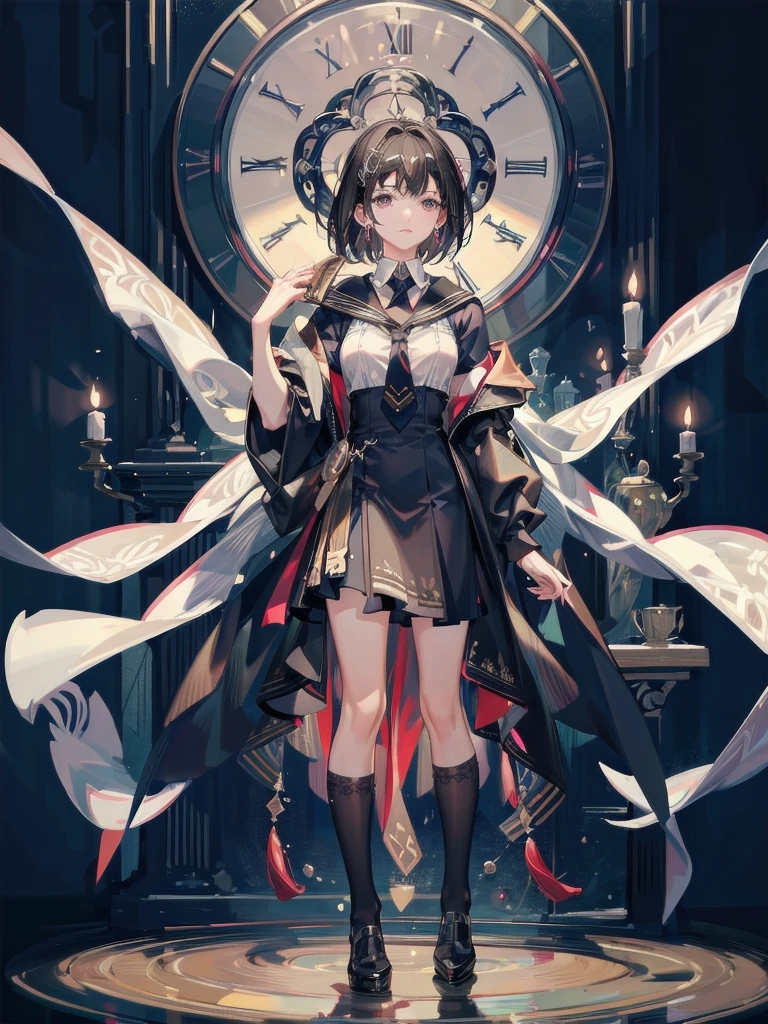 absurdres, RAW photo, extremely delicate and beautiful, masterpiece, Best Quality, ultra high resolution, 32k, hyperrealistic, ultra-detailed, delicate facial features, beautiful detailed woman, tearful mole, earring, medium breasts, (full body shot), medium hair, black hair, hogwarts teacher, curious, necktie, cloak,