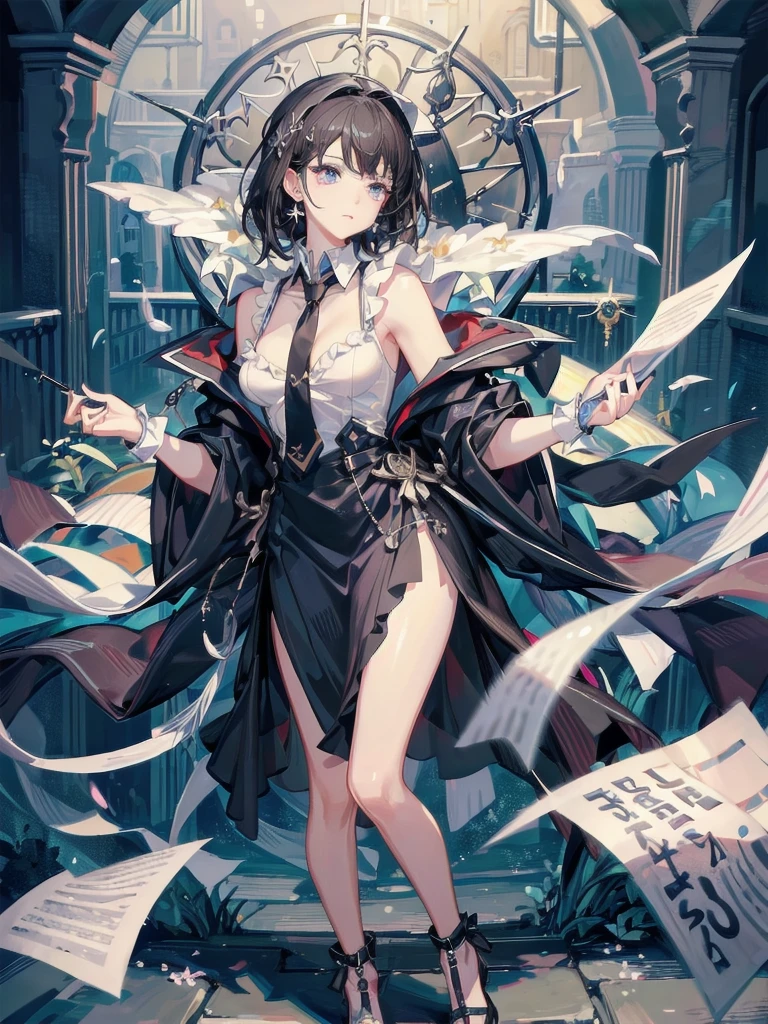 absurdres, RAW photo, extremely delicate and beautiful, masterpiece, Best Quality, ultra high resolution, 32k, hyperrealistic, ultra-detailed, delicate facial features, beautiful detailed woman, tearful mole, earring, medium , (full body shot), medium hair, black hair, hogwarts teacher, curious, necktie, cloak,