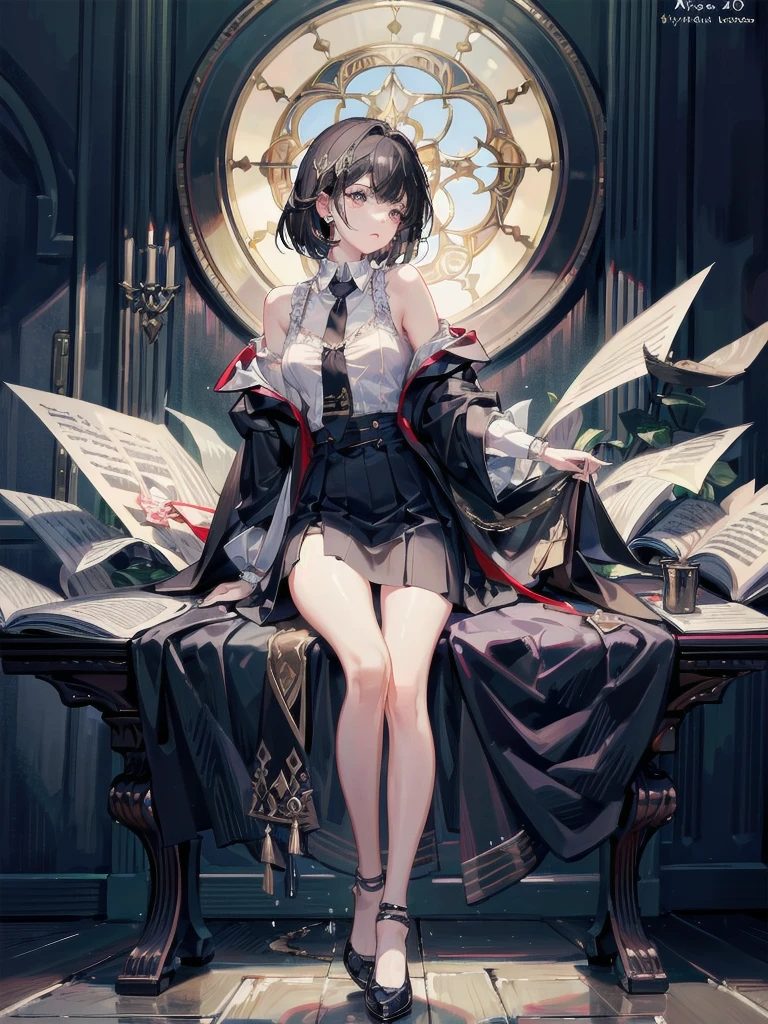 absurdres, RAW photo, extremely delicate and beautiful, masterpiece, Best Quality, ultra high resolution, 32k, hyperrealistic, ultra-detailed, delicate facial features, beautiful detailed woman, tearful mole, earring, medium breasts, (full body shot), medium hair, black hair, hogwarts teacher,  curious, necktie, cloak,