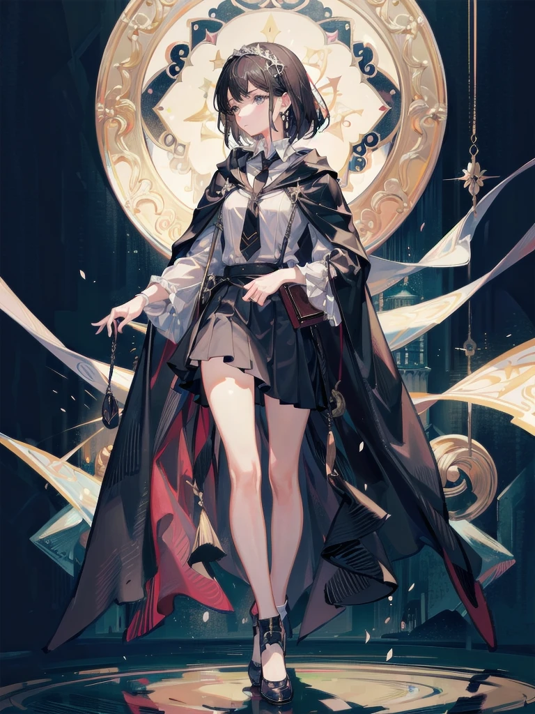 absurdres, RAW photo, extremely delicate and beautiful, masterpiece, Best Quality, ultra high resolution, 32k, hyperrealistic, ultra-detailed, delicate facial features, beautiful detailed woman, tearful mole, earring, medium breasts, (full body shot), medium hair, black hair, hogwarts teacher,  curious, necktie, cloak,