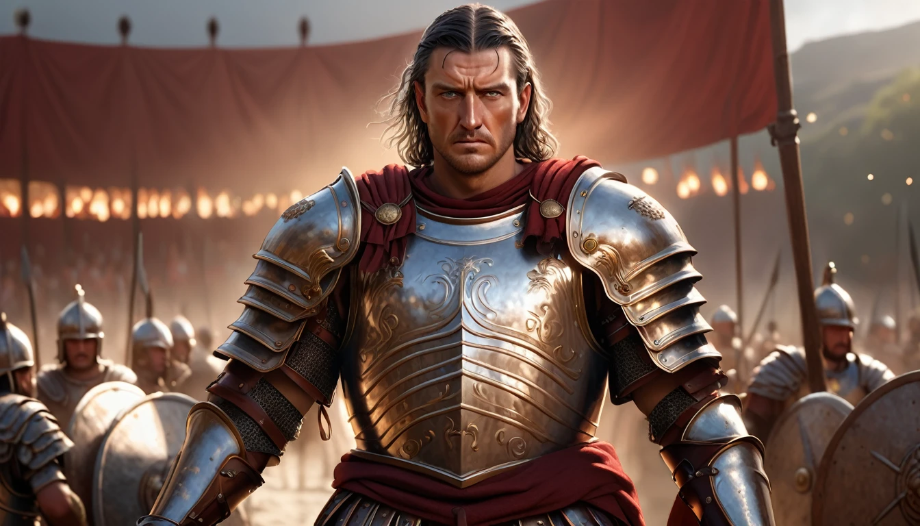 Create a hyperrealistic, high-definition, ultra-detailed image of Gaius Suetonius Paulinus, a Roman general in battle armor, standing in a Roman camp in ancient Britain. Use dramatic lighting to highlight his stern expression and the intricate details of his armor and surroundings