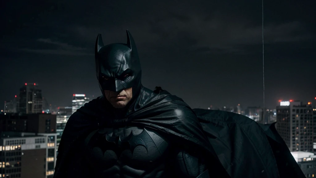 Creates a realistic, dark image of an older Batman inspired by the comic 'The Dark Knight Returns'. He displays a full-body action pose of a grey-haired and muscular Batman, his suit worn from years of battle. Batman must be on top of a building, gliding with his cape, throwing a batarang, or hanging from a rope. He highlights the age lines on his face, showing his determination and experience. The background should be a dark and gloomy Gothic city, with dramatic lighting that emphasizes the intensity of the scene. Capture the epic, almost mythical nature of an aging Dark Knight still fighting for justice.