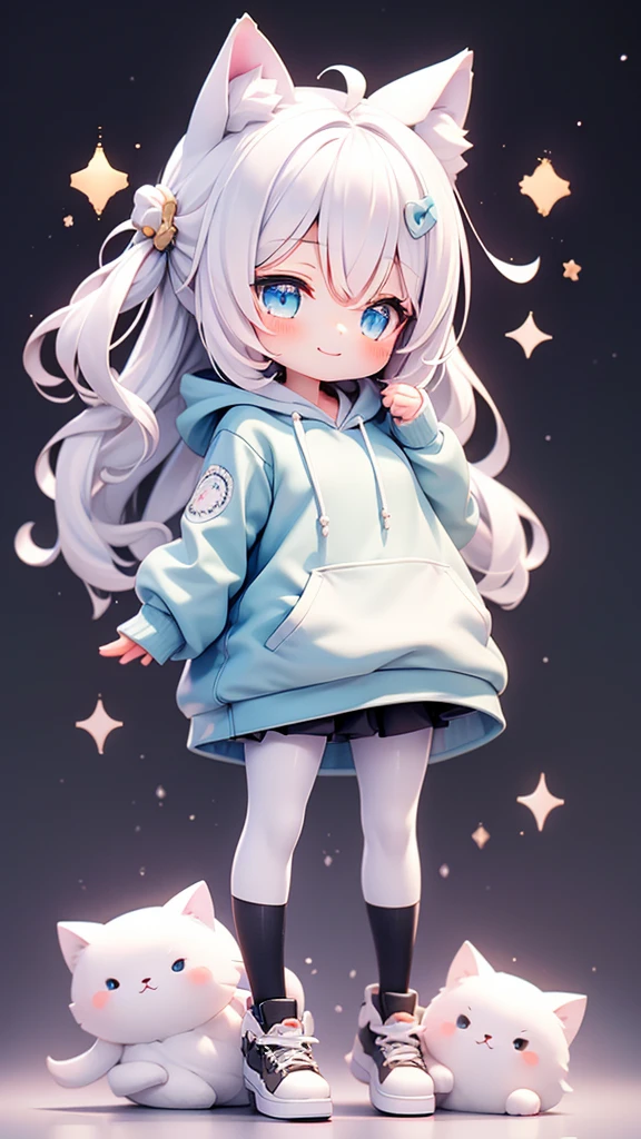 beautiful girl，Cat ear，Long white hair，Light blue eyes，cute, young, Black tights, Wearing an oversized hoodie，sleeping，Confused eyes，smile，1 person，The background is a starry sky，beautiful girlのみ，Are standing，Stretch your arms out in front of you，No shoes，chibi