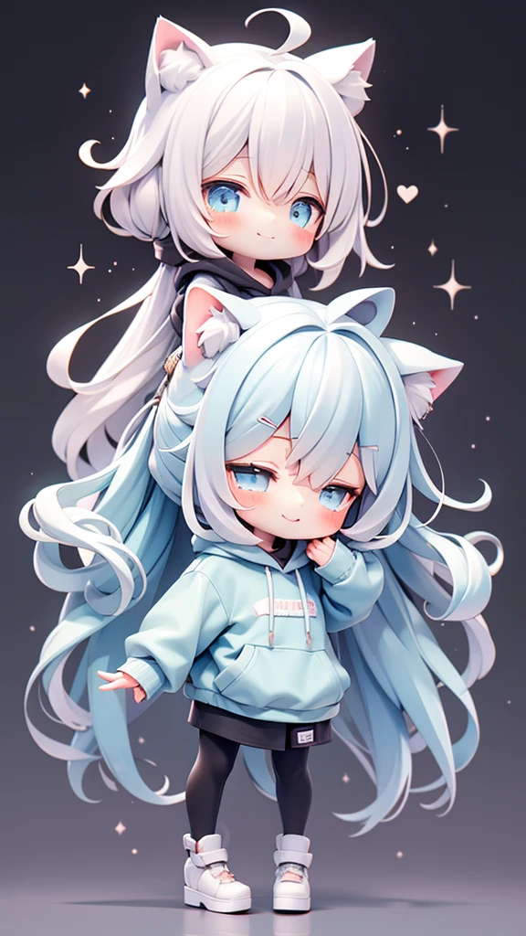 beautiful girl，Cat ear，Long white hair，Light blue eyes，cute, young, Black tights, Wearing an oversized hoodie，sleeping，Confused eyes，smile，1 person，The background is a starry sky，beautiful girlのみ，Are standing，Stretch your arms out in front of you，No shoes，chibi