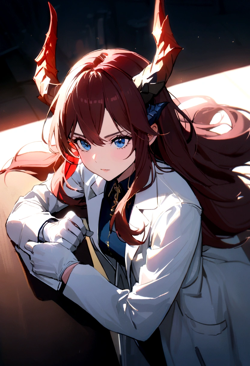 1dirl, white lab coat, lab coat, white glove, dark hair, red hair, long hair, blue Eyes, dragon horn