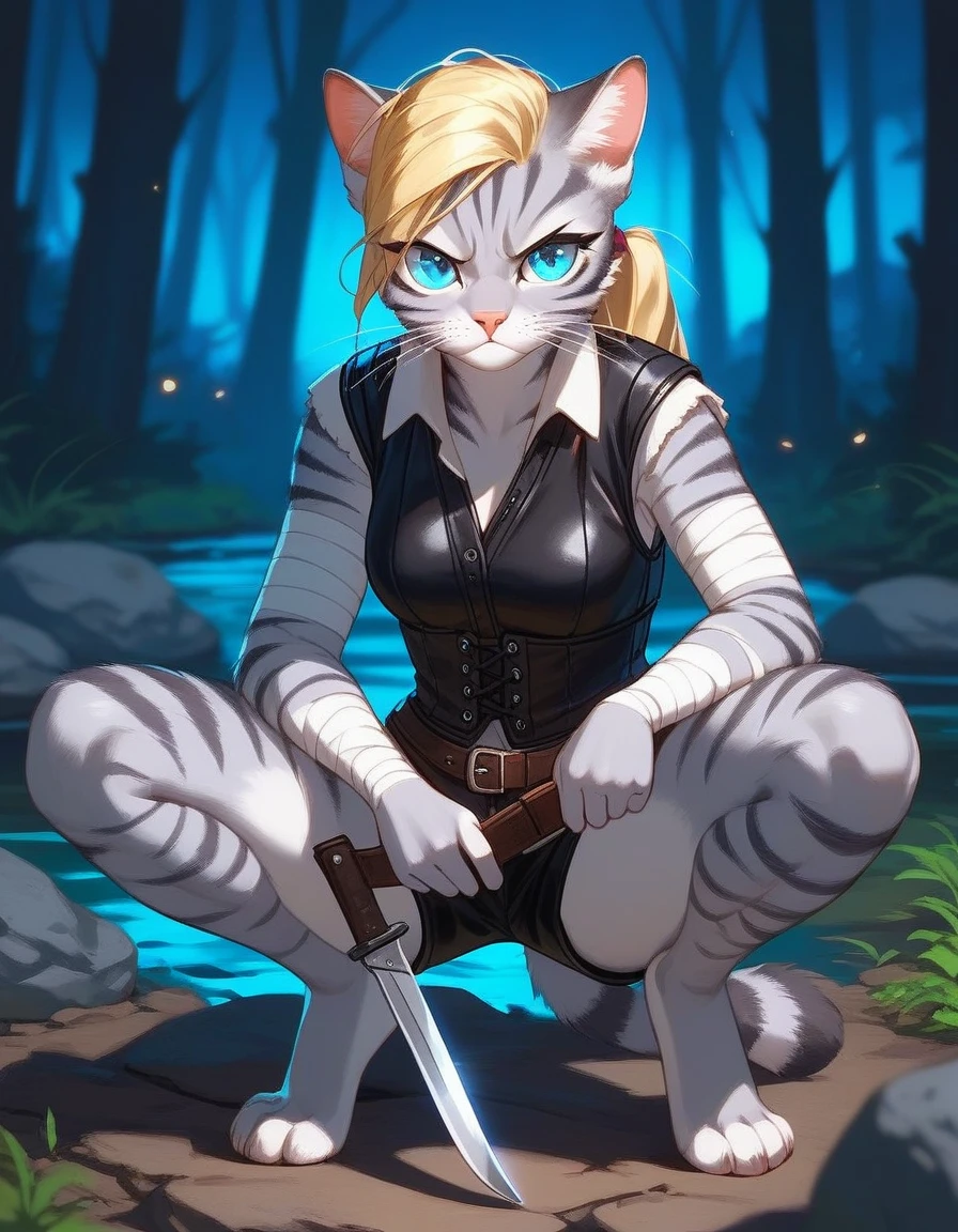 Solo, score_9,score_8_up,score_7_up, source_cartoon, cartoon, kat, Anthro furry feline, female, tall slender body, long blonde hair, long undercut hair, pink nose, blue eyes, white whiskers, silver fur, grey stripes, furry body, wearing black cloth vest, black leather medieval vest, black short shorts, adventuring gear, feet wrapped in bandages, plantigrade feet paws, outdoors, nighttime, squatting, holding a combat knife, eyes glowing blue, on a rock, at night, in a forest, serious expression 