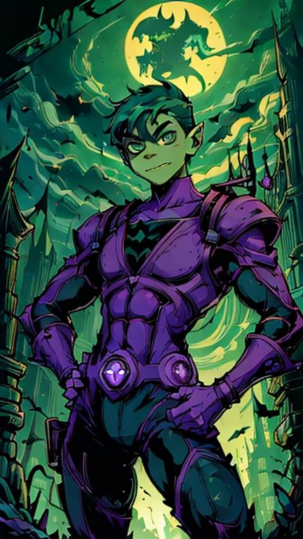 best quality,masterpiece,1boy,solo,(((13years old))),japanese boy,an extremely cute and handsome boy,highly detailed beautiful face and eyes,petit,cute face,lovely face,baby face,shy smile,show teeth,green skin,green hair,short hair,flat chest,skinny,slender(((wearing a Beast Boy costume))),(((Heroic pose in Dark Midnight Fantasy style Gotham castle))),he is looking at the viewer,