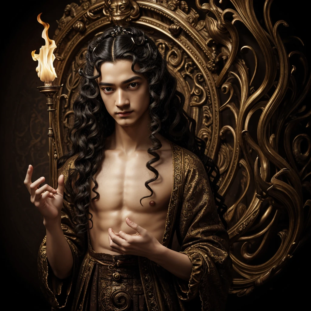 Demon of innocence, cunning humanoid creature with innocent glance, very sensitive skin and long curly fingers, desire to express interest, his eyes are lit up, strange, features of human and some unknown snail, (antique clothes in style of Salvador Dali), trending on artstation, hyperrealism, james jean, dark brown background with unknown dark black wavy hand-alike symbols, baroque, rococo