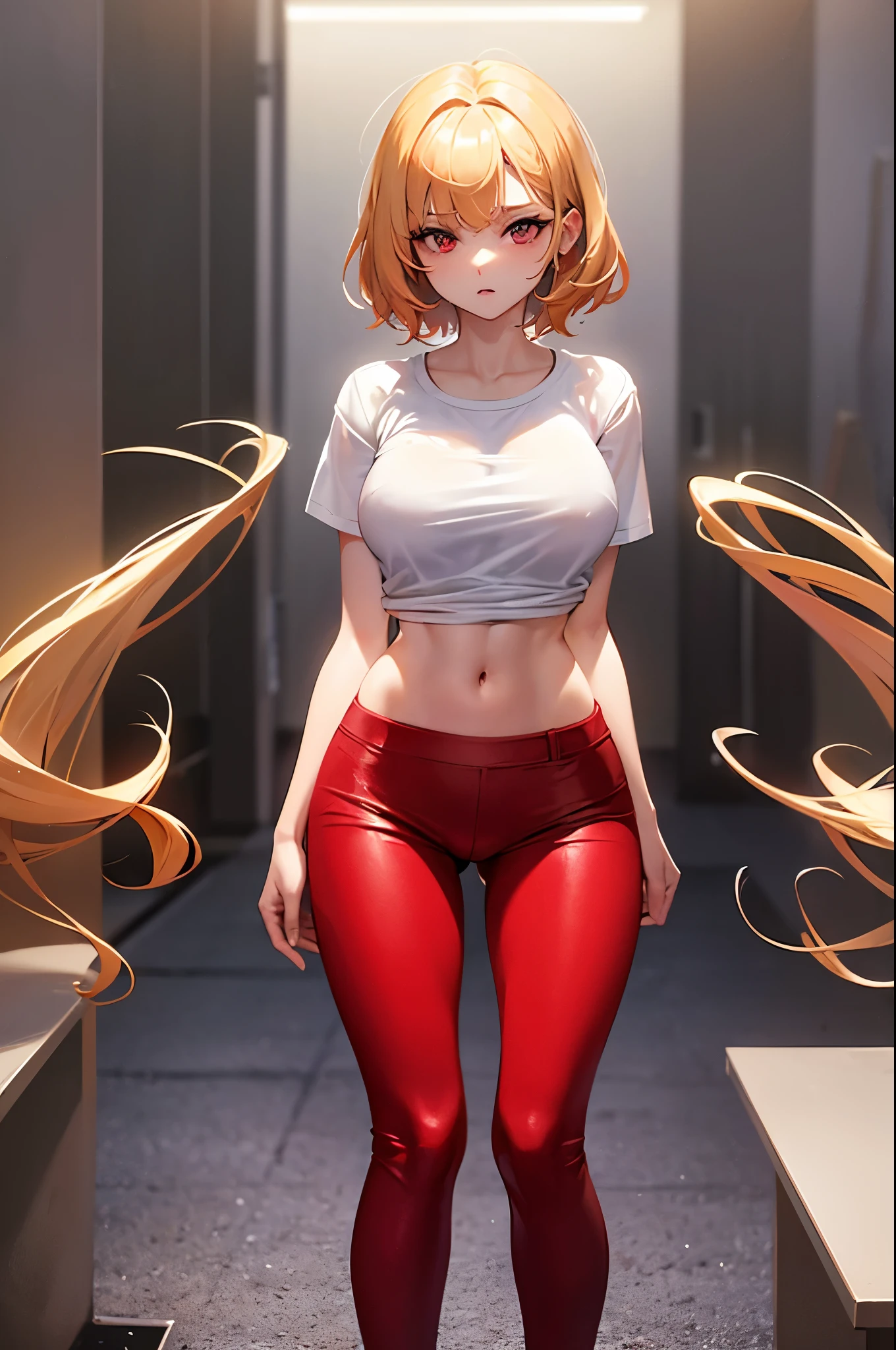 name zoe. 20 year old teenager, beautiful angelic face. Red eyes. White skin color. height 1,70, retail physical, large and firm breasts, Short blonde hair. Clothes, T-shirt at the height of the abdomen.. tight red pants. body detail, view from behind, back view, sexy drandes buttocks, 