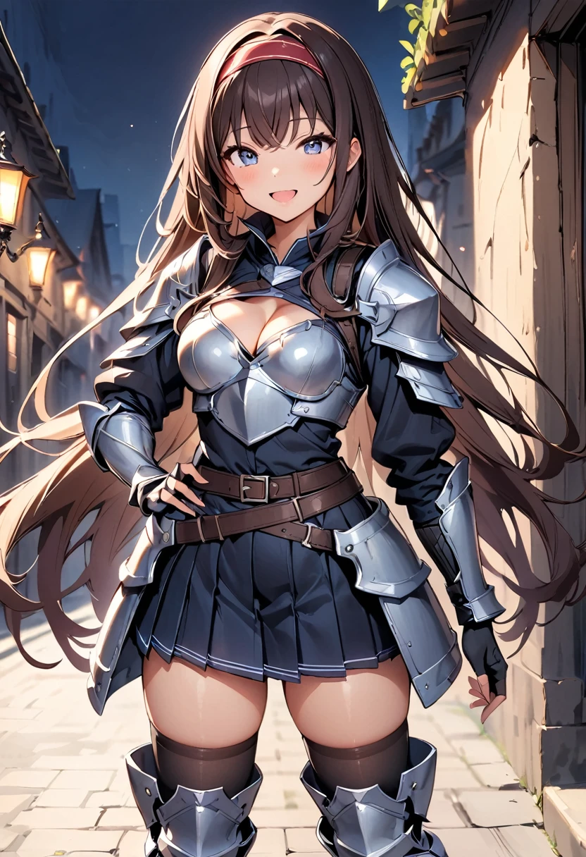 masterpiece, best quality, 1girl, solo, armor, thighhighs, skirt, brown-hair, blue-eyes, breasts, open-mouth, cleavage, smile, black-thighhighs, full-body, hairband, boots, medium-breasts, armored-boots, gloves, fingerless-gloves, pleated-skirt, greaves, shoulder-armor, belt, looking-at-viewer, pauldrons, simple-background, zettai-ryouiki, very-long-hair, gauntlets, breastplate, red-hairband, black-gloves, outline, standing, blush, armored-dress