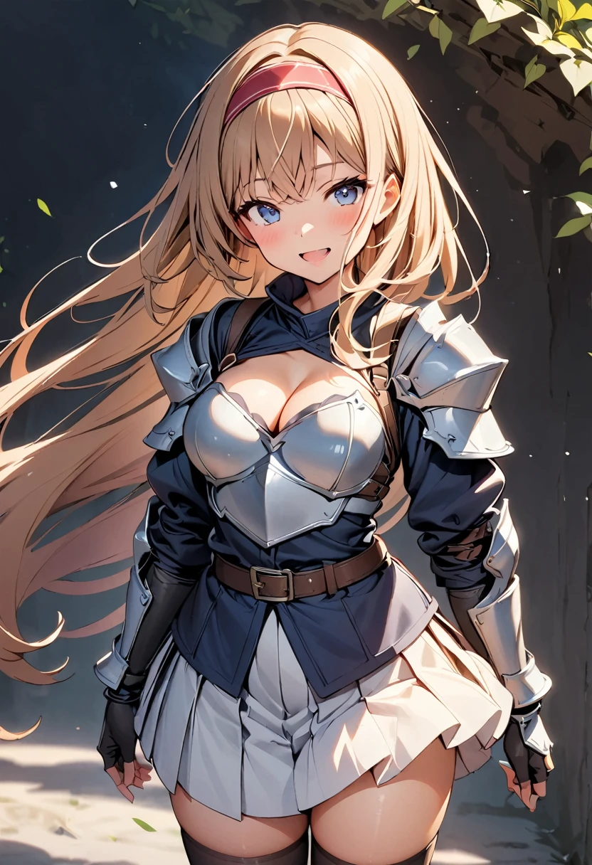 masterpiece, best quality, 1girl, solo, armor, thighhighs, skirt, brown-hair, blue-eyes, breasts, open-mouth, cleavage, smile, black-thighhighs, full-body, hairband, boots, medium-breasts, armored-boots, gloves, fingerless-gloves, pleated-skirt, greaves, shoulder-armor, belt, looking-at-viewer, pauldrons, simple-background, zettai-ryouiki, very-long-hair, gauntlets, breastplate, red-hairband, black-gloves, outline, standing, blush, armored-dress