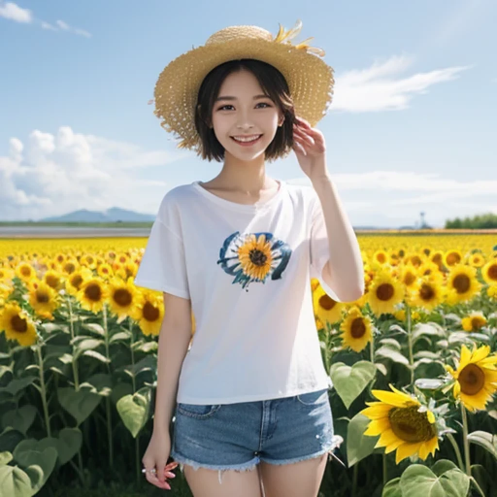 Japanese、18-year-old、Very slim、((Smiling))、Summer clothing、Blue sky、White cloud、sunflower、Straw hat、T-Shirts、Shorts、short hair