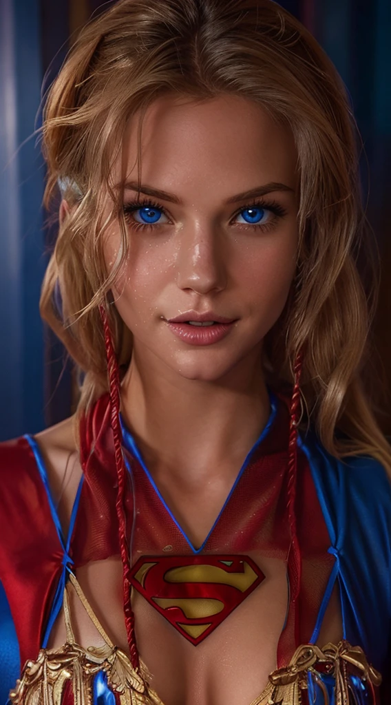 The character Supergirl, perfect blue and red costume with the traditional "S" in the chest, red cape, shiny little blue eyes, extremely beautiful blond hair, beautiful smile , perfect anatomy and extremely beautiful face, hyperrealistic face 