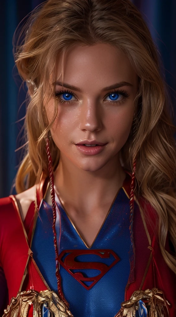 The character Supergirl, perfect blue and red costume with the traditional "S" in the chest, red cape, shiny little blue eyes, extremely beautiful blond hair, beautiful smile , perfect anatomy and extremely beautiful face, hyperrealistic face 